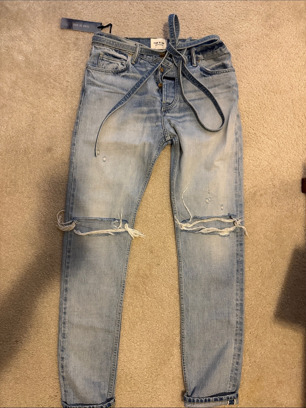 Fear of God Light Blue Distressed Slim straight selvedge denim Jeans